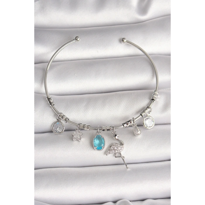 Pirinç Gümüş Renk Sallantı Zirkon Taşlı Filaminga Figür Charm Kadın Bileklik