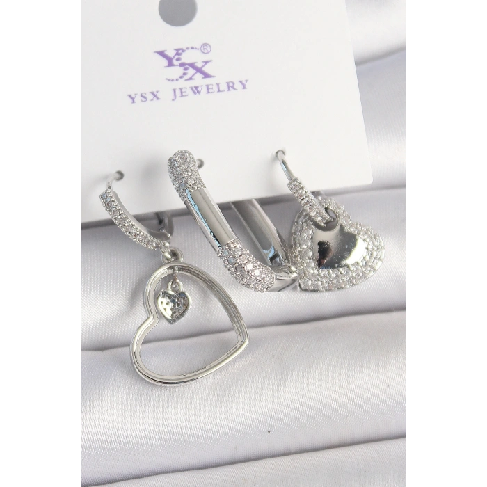 Pirinç Gümüş Renk Sallantı Zirkon Taşlı Kalp Model 3Lü Kadın Kombin Küpe