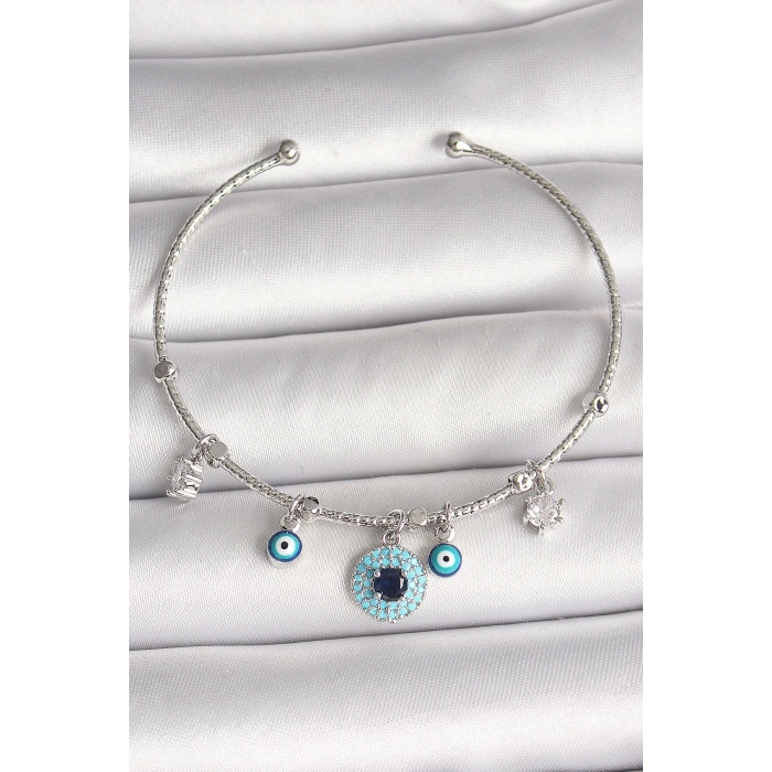 Pirinç Gümüş Renk Sallantı Zirkon Taşlı Nazar Boncuk Figür Charm Kadın Bileklik