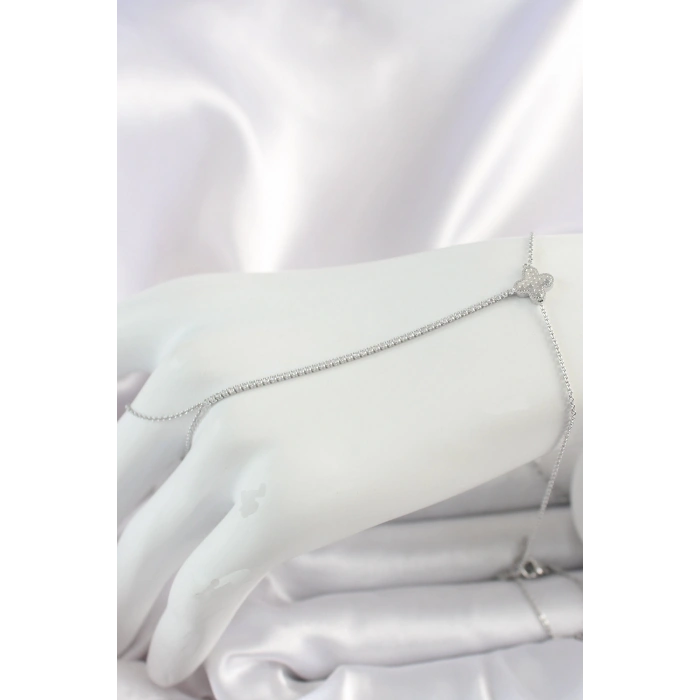 Pirinç Gümüş Renk Su Yolu Zirkon Taşlı İşlemeli Yonca Model Kadın Şahmeran