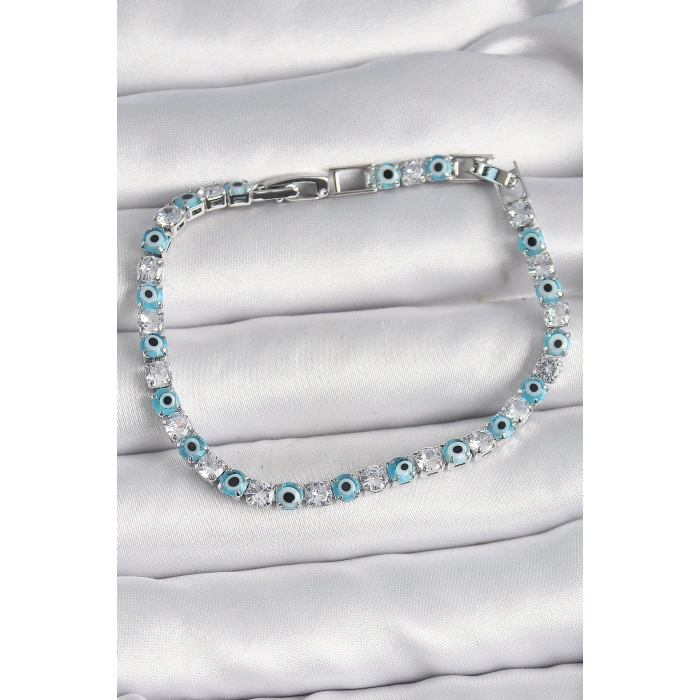 Pirinç Gümüş Renk Su Yolu Zirkon Taşlı Nazar Boncuklu Kadın Bileklik