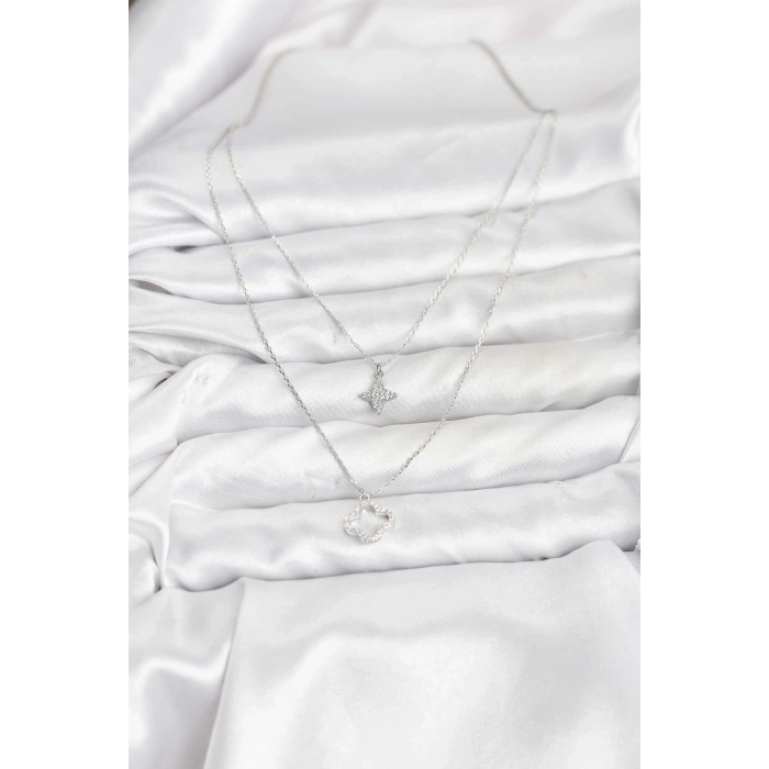 Pirinç Gümüş Renk Yonca Model 2li Kadın Kolye