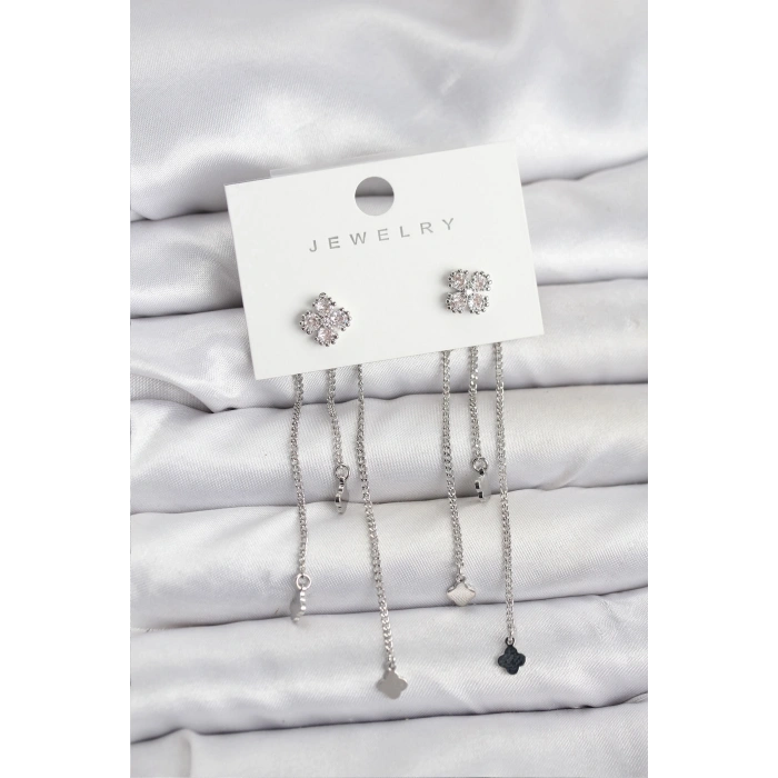 Pirinç Gümüş Renk Yonca Model Sallantılı Kadın Küpe