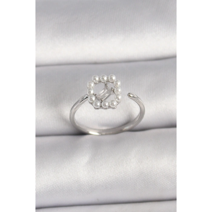 Pirinç Gümüş Renk Zirkon Taş Detaylı İncili Ayarlanabilir Yüzük