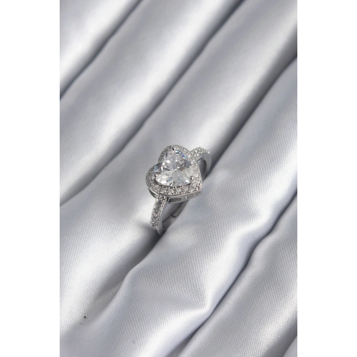 Pirinç Gümüş Renk Zirkon Taş Kalp Charm Model Kadın Yüzük