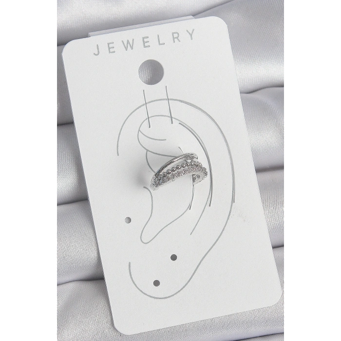 Pirinç Gümüş Renk Zirkon Taşlı 3Lü Sıralı Kadın Kıkırdak Küpe