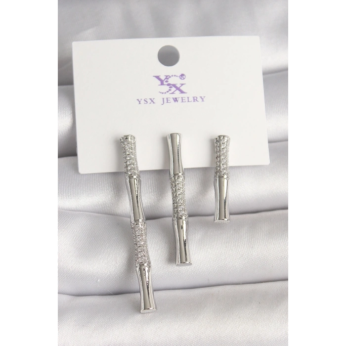 Pirinç Gümüş Renk Zirkon Taşlı Bambu Model 3Lü Kadın Kombin Küpe