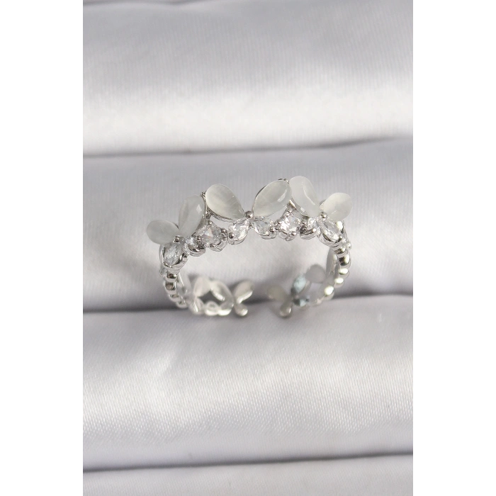 Pirinç Gümüş Renk Zirkon Taşlı Beyaz Mineli Kelebek Model Ayarlanabilir Yüzük