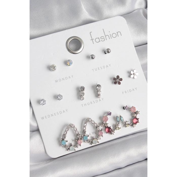 Pirinç Gümüş Renk Zirkon Taşlı Damla Model Çiçek Detay 7 Çift Kadın Küpe Seti