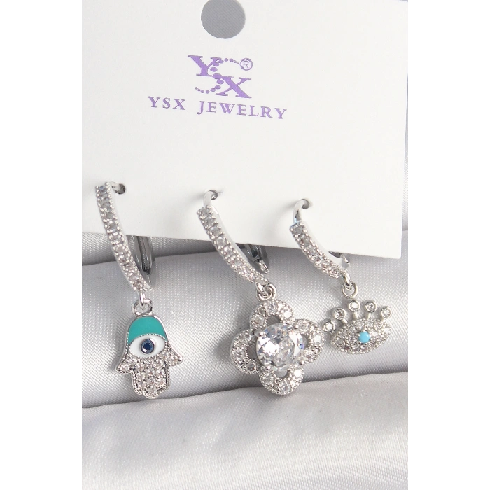 Pirinç Gümüş Renk Zirkon Taşlı Fatma Ana Yonca Figür Göz Detay 3Lü Kadın Kombin Küpe