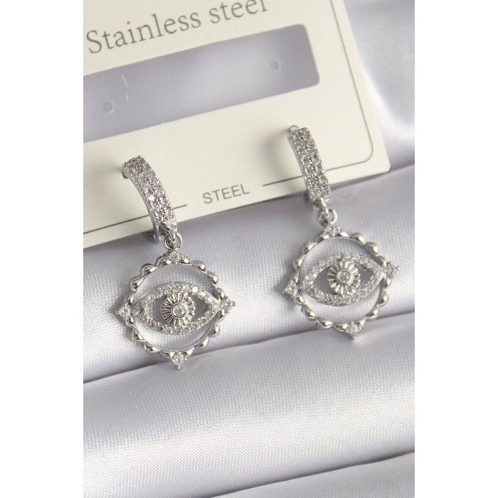 Pirinç Gümüş Renk Zirkon Taşlı Göz Model Kadın Küpe