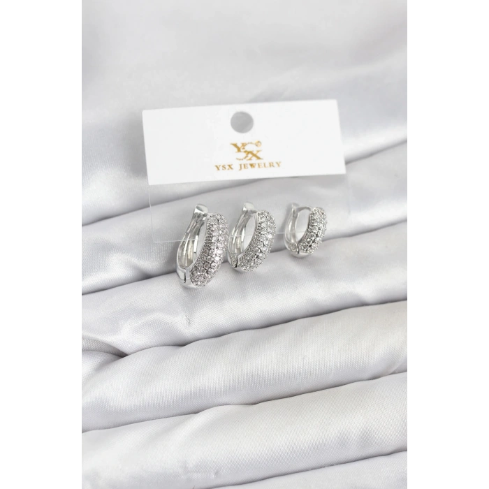 Pirinç Gümüş Renk Zirkon Taşlı Halka Model YSX Trio Küpe Seti