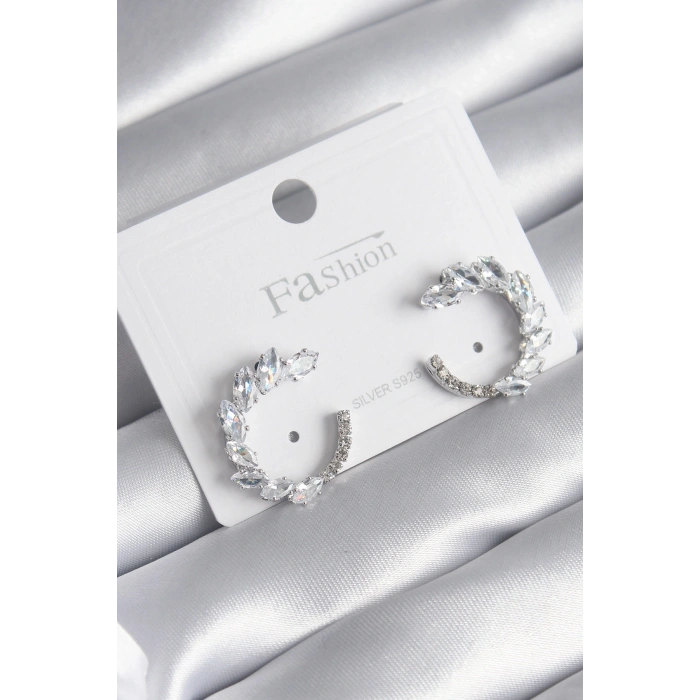 Pirinç Gümüş Renk Zirkon Taşlı Kadın Küpe