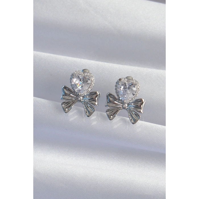 Pirinç Gümüş Renk Zirkon Taşlı Kalp Model Fiyonk Küpe