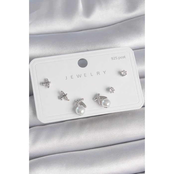 Pirinç Gümüş Renk Zirkon Taşlı Kelebek Model İnci Detay 925 Ayar Gümüş Çivi Kadın Küpe Seti