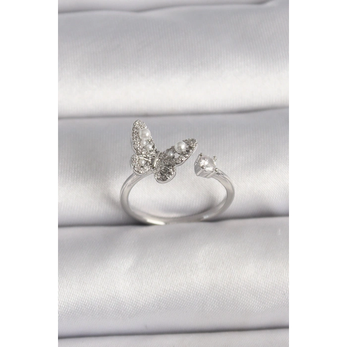 Pirinç Gümüş Renk Zirkon Taşlı Kelebek Model İnci Detay Ayarlanabilir Yüzük