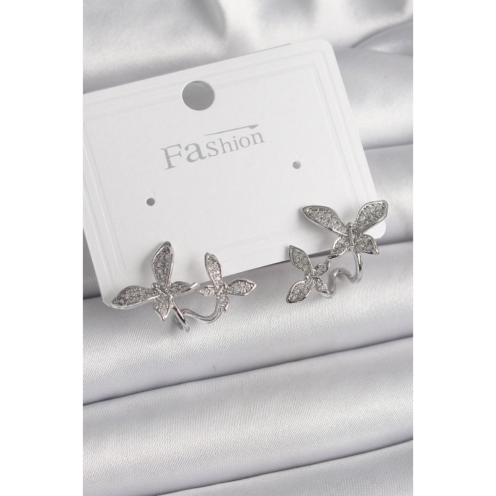 Pirinç Gümüş Renk Zirkon Taşlı Kelebek Model Kadın Küpe