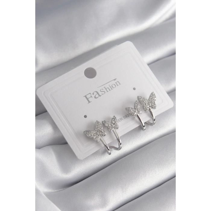 Pirinç Gümüş Renk Zirkon Taşlı Kelebek Model Kadın Küpe