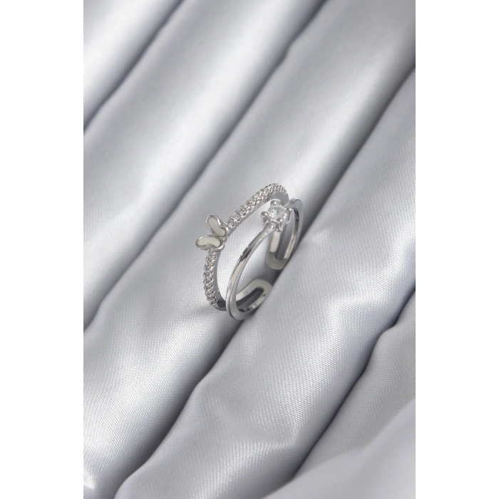 Pirinç Gümüş Renk Zirkon Taşlı Kelebek Model Kadın Yüzük