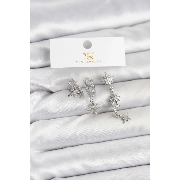 Pirinç Gümüş Renk Zirkon Taşlı Kutup Yıldızı Model YSX Trio Küpe Seti