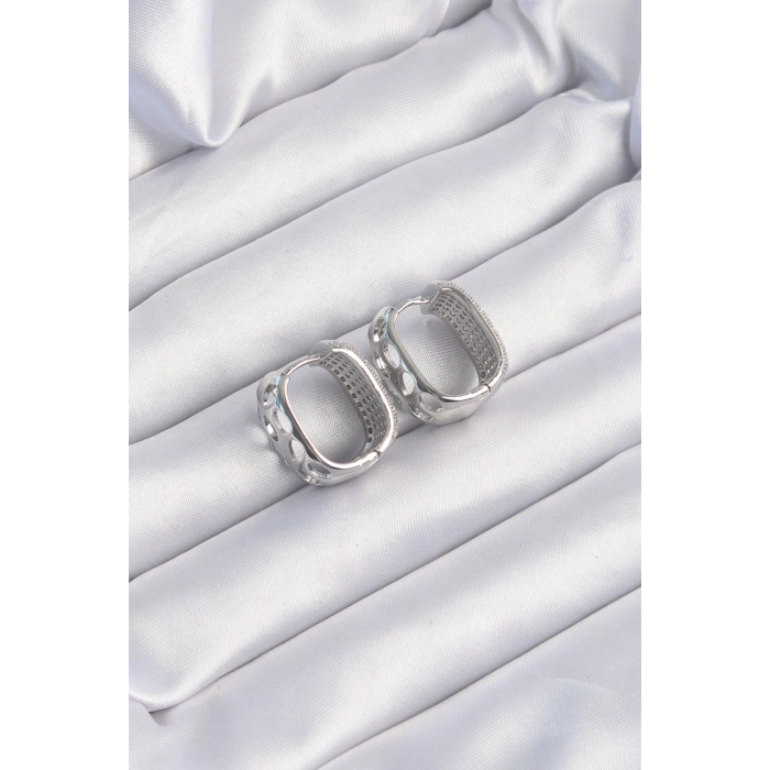 Pirinç Gümüş Renk Zirkon Taşlı Minimal Halka Küpe