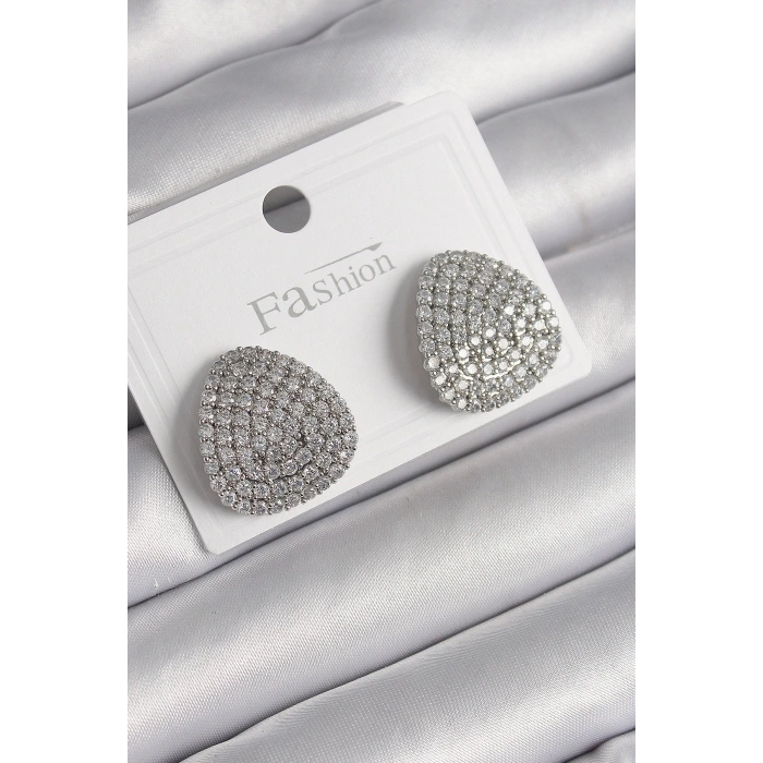 Pirinç Gümüş Renk Zirkon Taşlı Plaka Model Kadın Küpe