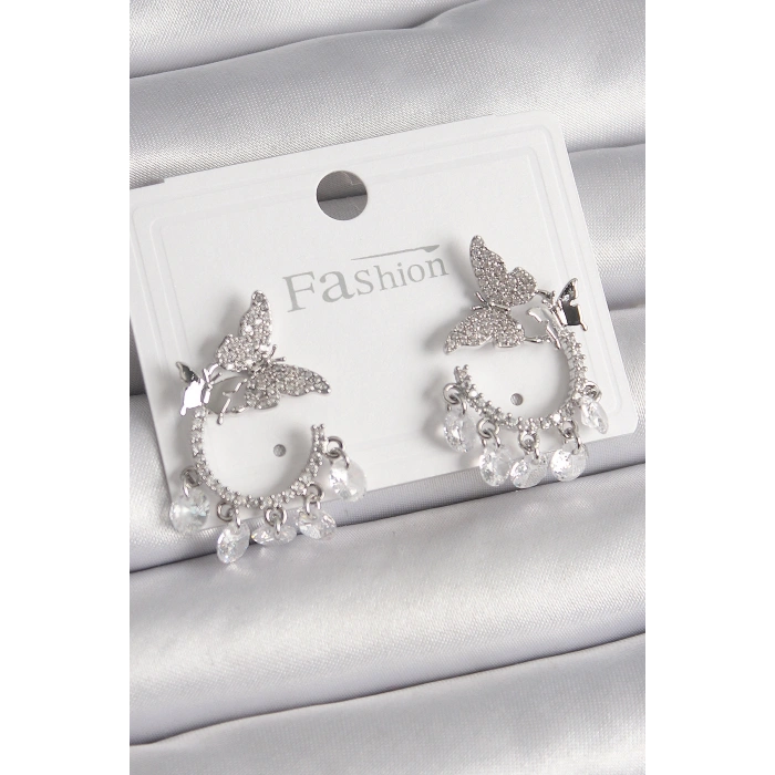 Pirinç Gümüş Renk Zirkon Taşlı Sallantı Detay Kelebek Model Kadın Küpe