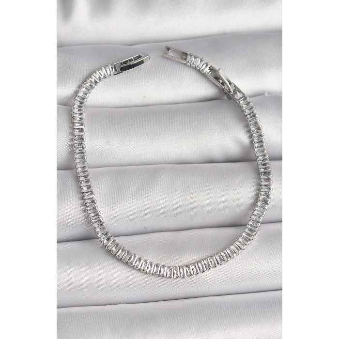 Pirinç Gümüş Renk Zirkon Taşlı Su Yolu Model Kadın Bileklik