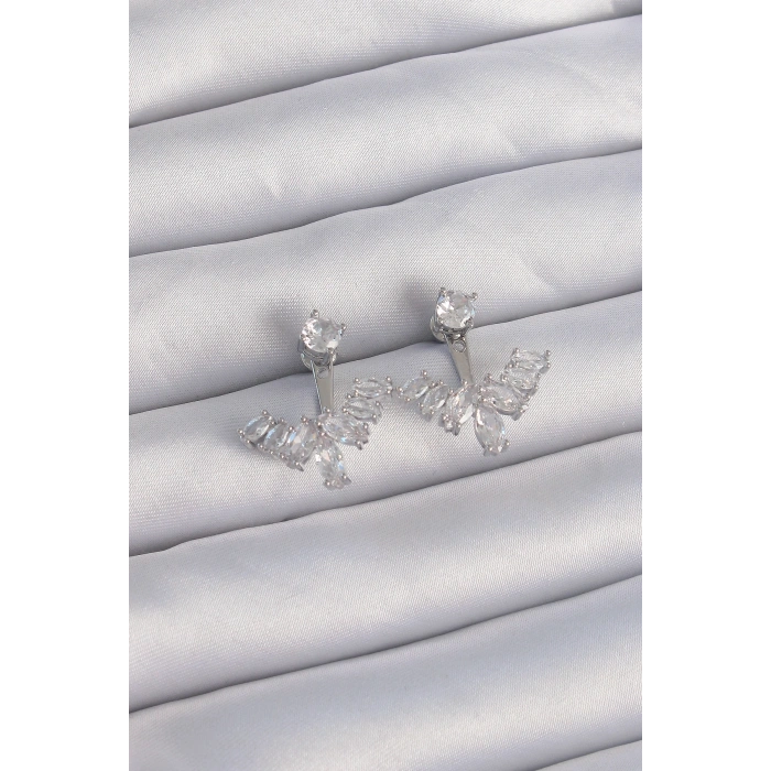 Pirinç Gümüş Renk Zirkon Taşlı V Model Küpe