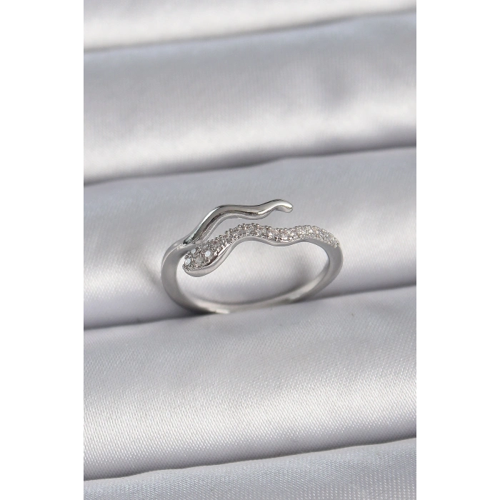 Pirinç Gümüş Renk Zirkon Taşlı Yılan Ayarlanabilir Model Kadın Yüzük