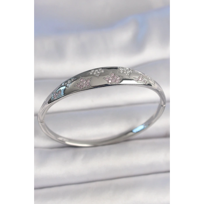 Pirinç Gümüş Renk Zirkon Taşlı Yıldız İşlemeli Kadın Kelepçe