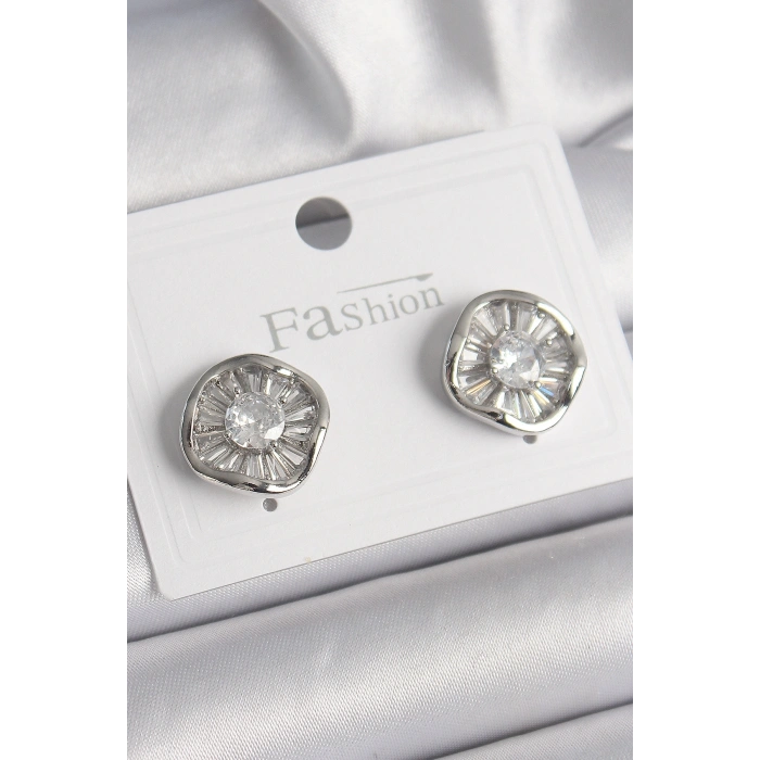 Pirinç Gümüş Renk Zirkon Taşlı Yonca Model Kadın Küpe