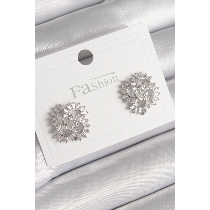 Pirinç Gümüş Renk Zirkon Taşlı Yonca Model Kadın Küpe