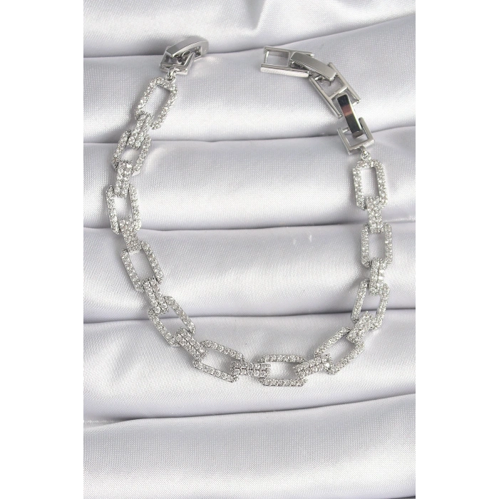 Pirinç Gümüş Renk Zirkon Taşlı Zincir Model VIP Seri Kadın Bileklik