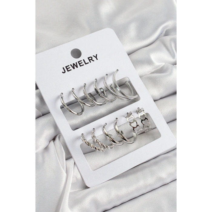 Pirinç Karışık Halka Model Gümüş Renk 6 Çift Kadın Küpe Set
