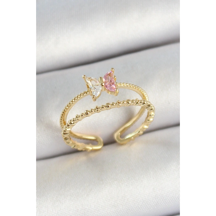 Pirinç Kelebek Figürlü Zirkon Taşlı Gold Renk Ayarlanabilir Kadın Yüzük