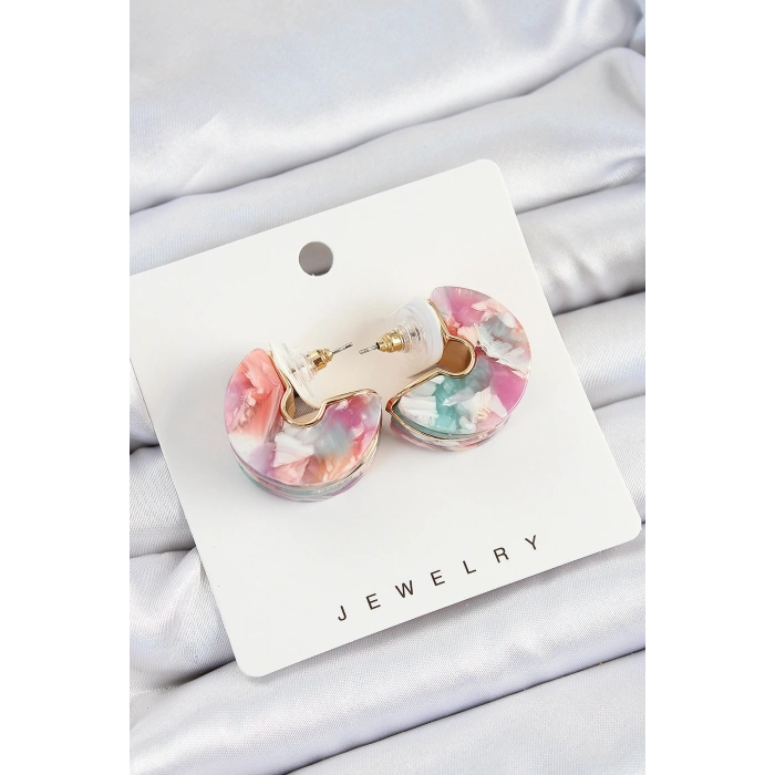 Pirinç Mermer Desenli Vintage Yarım Halka Model Gold Renk Kadın Küpe