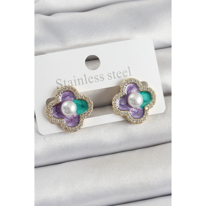 Pirinç Mor Mineli İnci Detaylı Zirkon Taşlı Sanatsal Portre Yonca Model Gold Renk Kadın Küpe