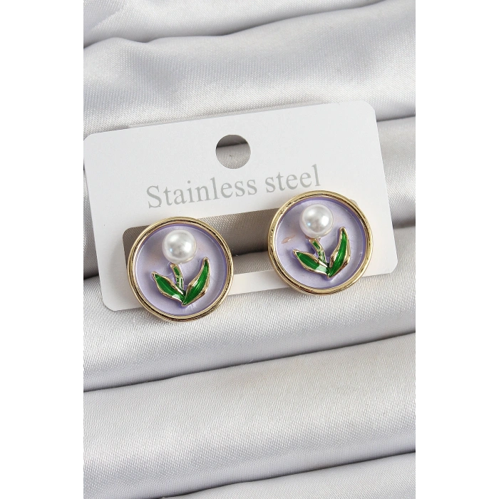 Pirinç Mor Mineli Lale Figürlü Sanatsal Portre Model Gold Renk Kadın Küpe