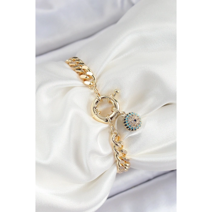 Pirinç Nazar Model Zirkon Taşlı Gold Renk VİP Seri Kadın Bileklik