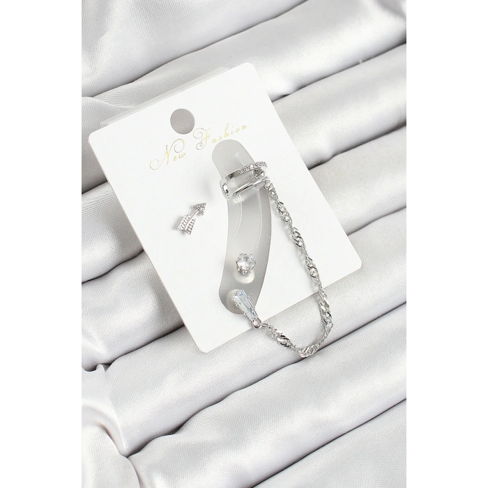 Pirinç Ok Figürlü Zirkon Taşlı Gümüş Renk 3lü Kıkırdak Kadın Küpe Set