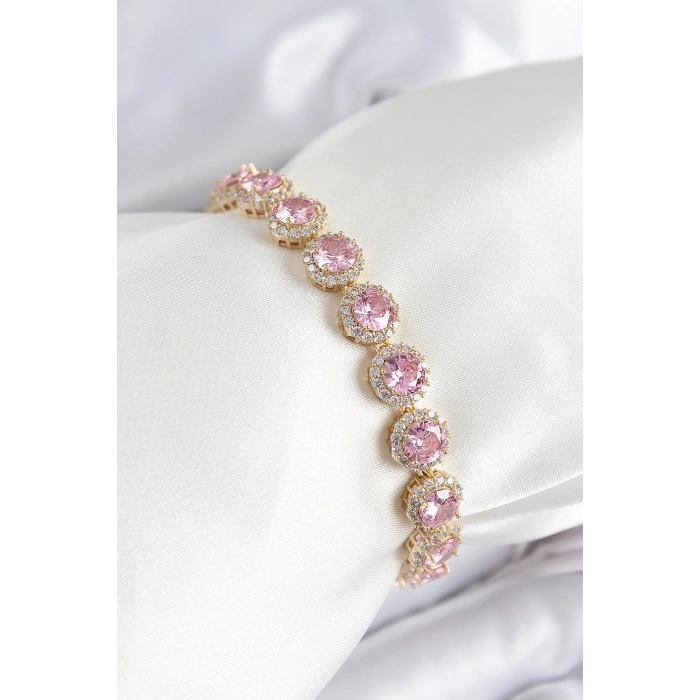 Pirinç Pembe Zirkon Taşlı Daire Baget Model Gold Renk VIP Seri Kadın Bileklik