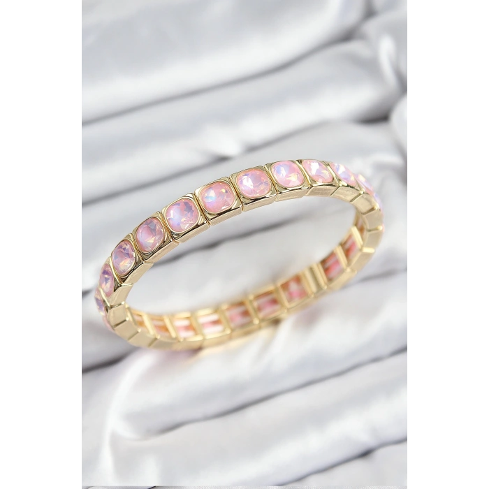 Pirinç Pembe Zirkon Taşlı Kare Model Gold Renk Lastikli Kadın Bileklik