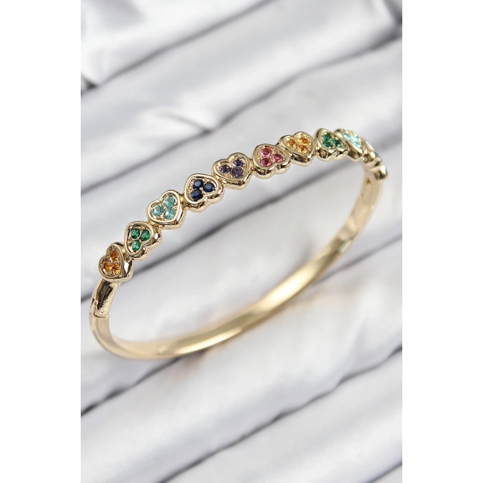 Pirinç Renkli Zirkon Taşlı Sıralı Kalp Model Gold Renk Kadın Kelepçe