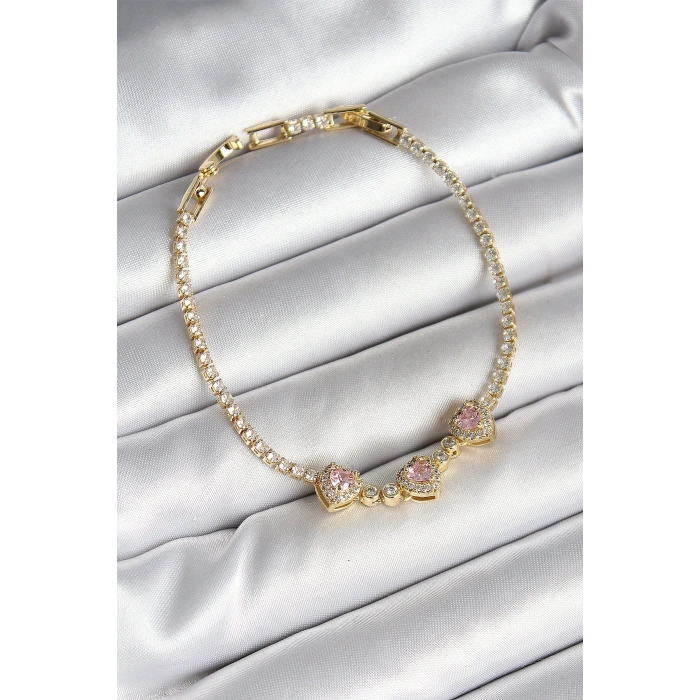 Pirinç Sıralı Pembe Kalp Figürlü Zirkon Taşlı Gold Renk Kadın Bileklik
