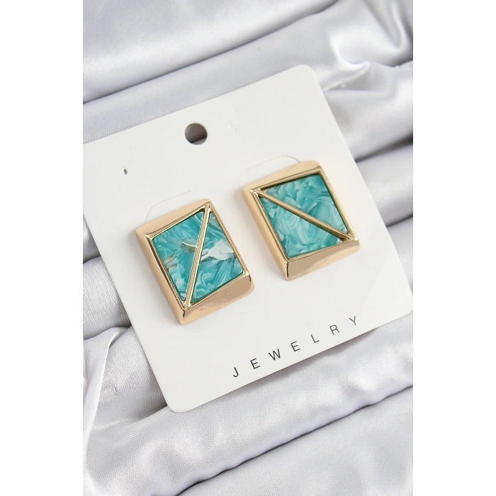 Pirinç Turkuaz Üçgen Kesim Detaylı Kare Model Vintage Gold Renk Kadın Küpe