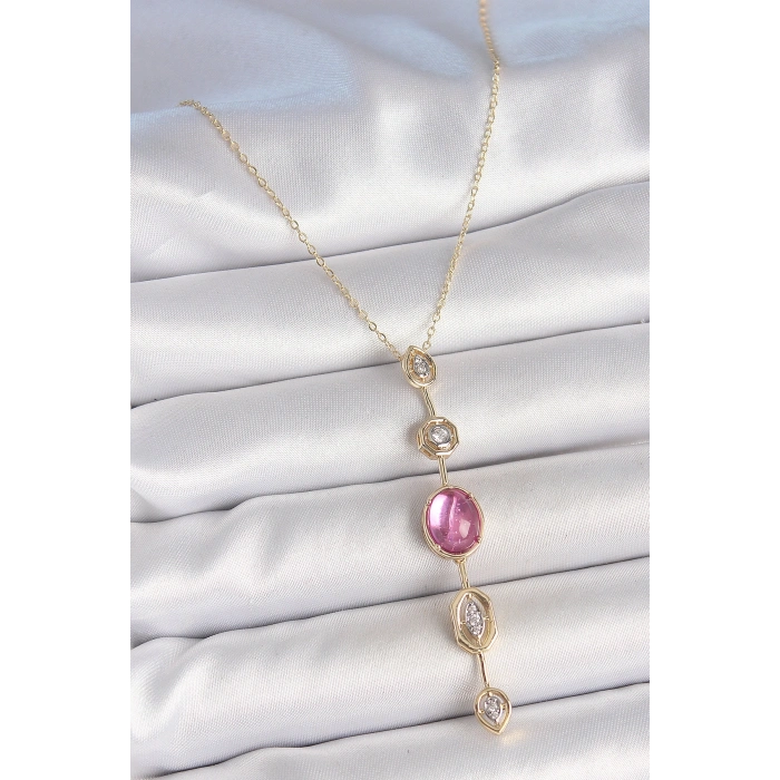 Pirinç Zincir Gold Renk Pembe Zirkon Taşlı Y Kolye