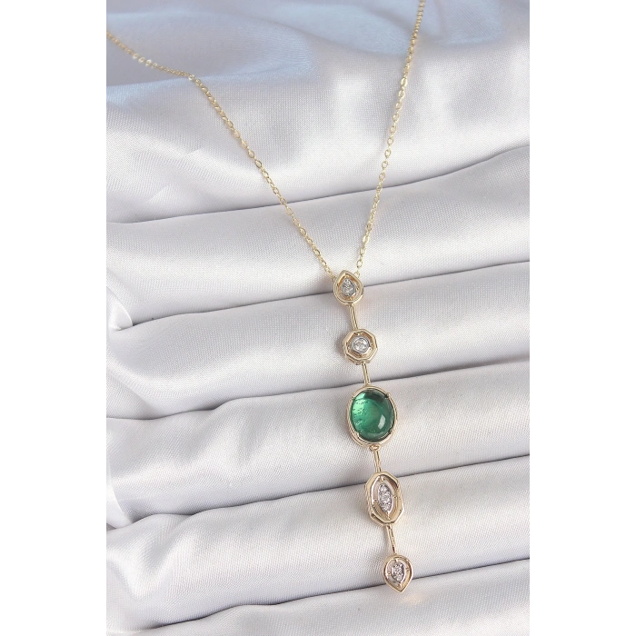 Pirinç Zincir Zümrüt Yeşil Gold Renk Zirkon Taşlı Y Kolye