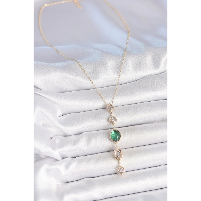 Pirinç Zincir Zümrüt Yeşil Gold Renk Zirkon Taşlı Y Kolye