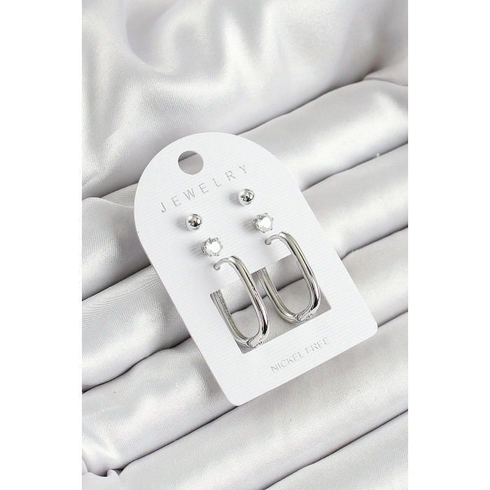 Pirinç Zirkon Taş Ve Dikdörtgen Figürlü Gümüş Renk 3lü Çift Kadın Küpe Set